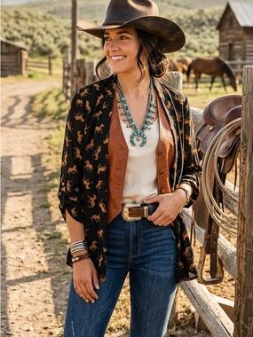 Forever XXI Boutique Horses Open Blouse Size Small